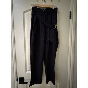 High-Waist Navy Pinstripe Paperbag Trousers with Belt